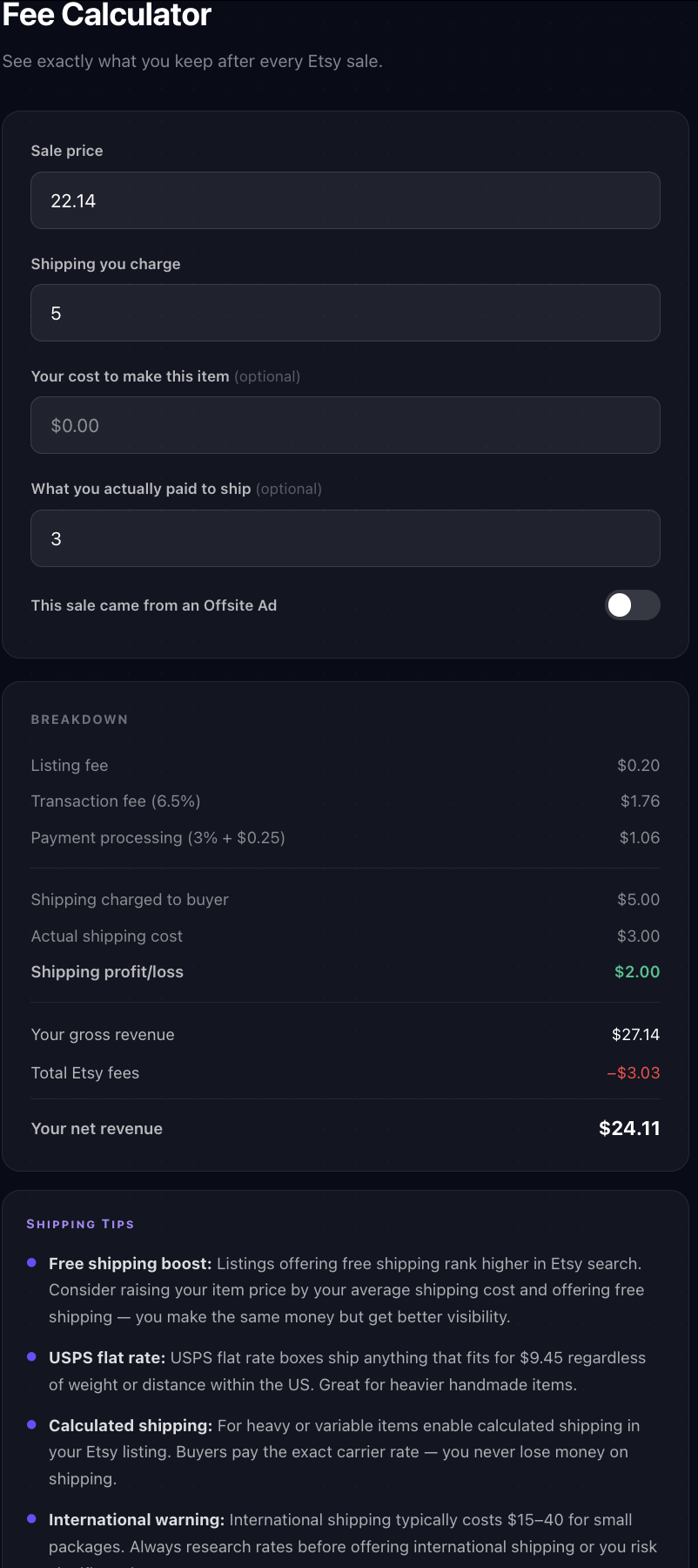 Etsy Fee Calculator